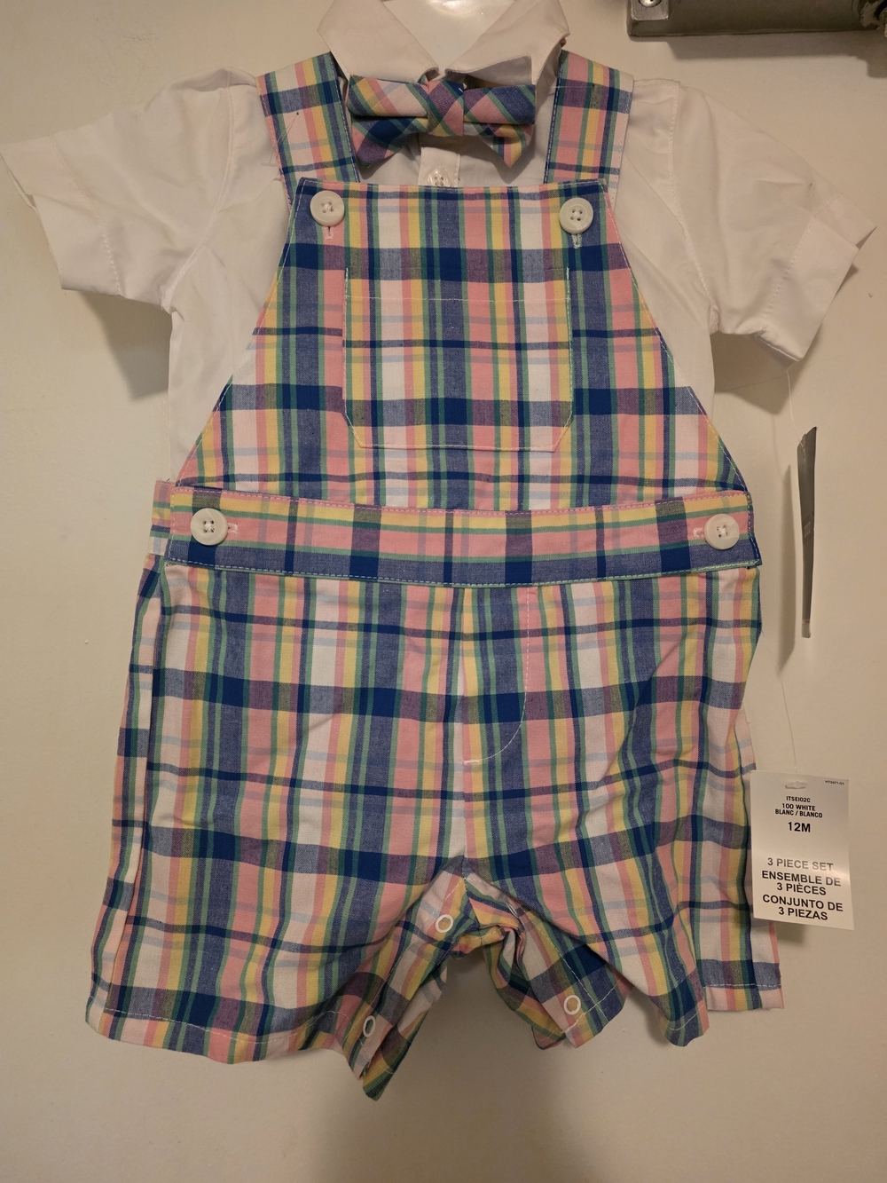 Izod Plaid Blue Pink Yellow Green Shortall with Bow Tie